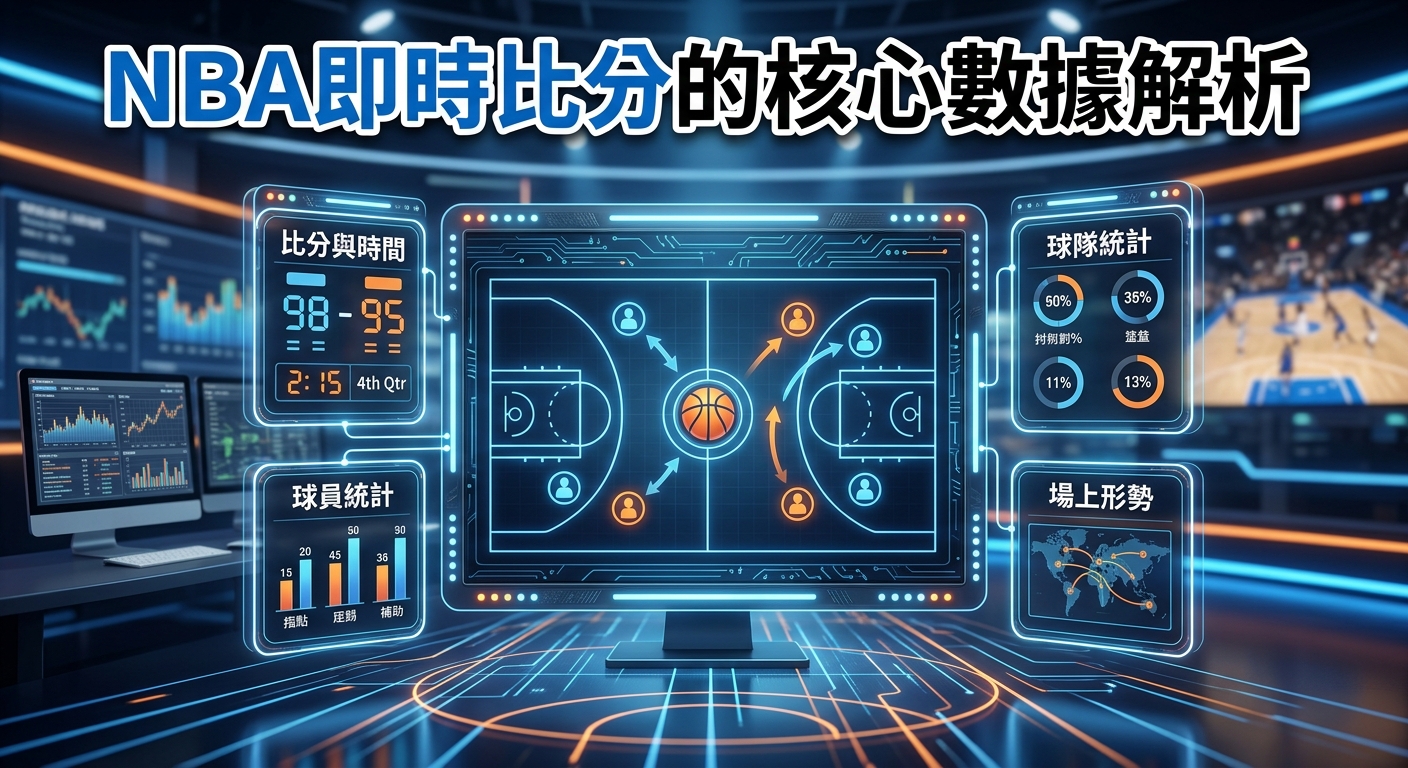 這張圖片展示了一個高科技風格的NBA賽事數據分析控制台，中央配有籃球場戰術圖與即時比分看板。 頂部以清晰醒目的繁體中文標註著標題「NBA即時比分的核心數據解析」。
