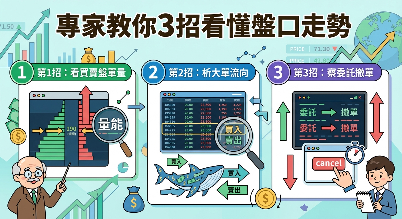 這張圖採用清晰的滿版圖解風格，呈現「專家教你3招看懂盤口走勢」主題，並劃分為三大步驟。 畫面結合股票圖表、大單流向與分析人物等元素，運用鮮明配色與符號呈現專業且易懂的財經教學視覺。