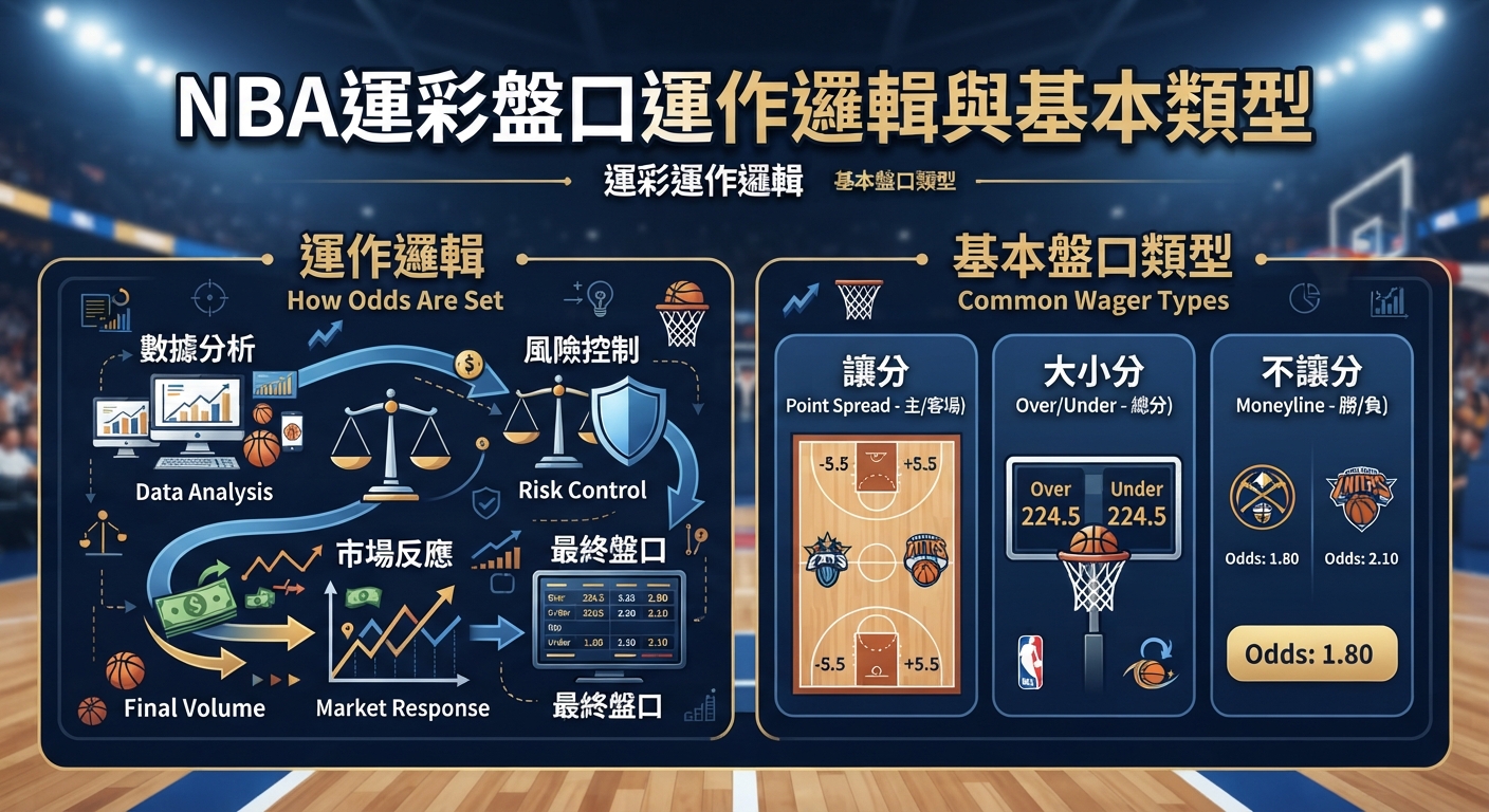 圖片展示了NBA運彩盤口的運作邏輯(數據分析與風險控制)與基本類型(讓分、大小分與不讓分)。 整體設計融合了籃球場背景與圖表,清晰呈現運彩的核心運作與投注選項。