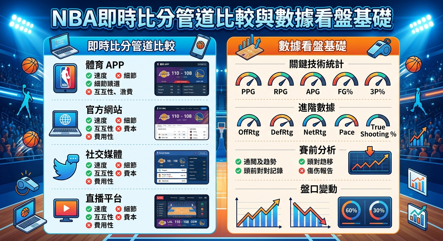 本圖以籃球場為背景，左側整理了體育APP、官方網站等「即時比分管道」的優缺點比較。 右側則列出得分、籃板等「基礎與進階數據」，並搭配圖表呈現賽前分析與盤口變動趨勢。